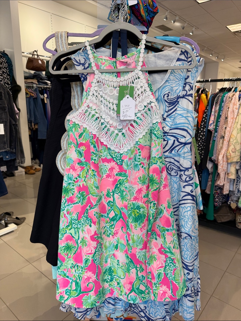 Lilly Pulitzer Pink & Green Tropical Mini Dress with White Crochet Yoke